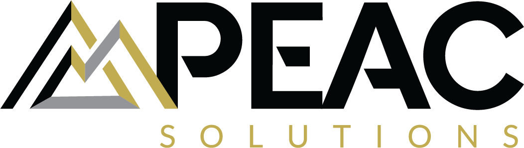 APEAC Solutions logo: stylized gold and gray mountain peaks to the left of the black and gold wordmark.